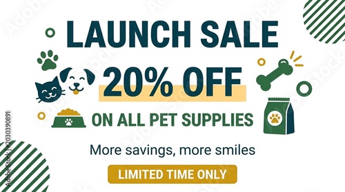 Colorful Launch Sale Advertisement for Pet Supplies Discount.