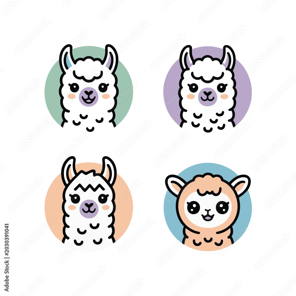Fototapeta premium Alpaca Llama Heads Icon Set, Round Portraits With Different Moods, Cute Colorful Style, Sticker Pack, Flat Vector Icons, Decorative Elements