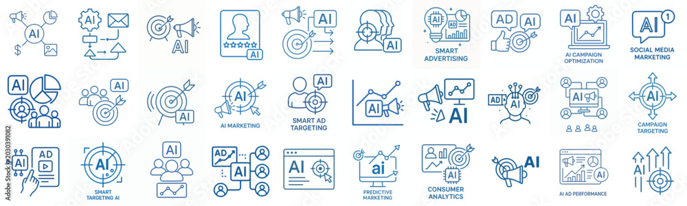 Fototapeta premium line art vector icon AI in marketing (targeting ads) blue color 