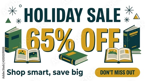 Colorful holiday sale advertisement with books and discounts.