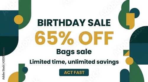 Colorful birthday sale advertisement with abstract geometric shapes.
