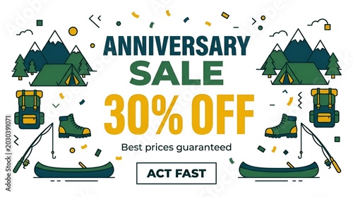 Anniversary Sale Banner with Camping Gear Discounts.