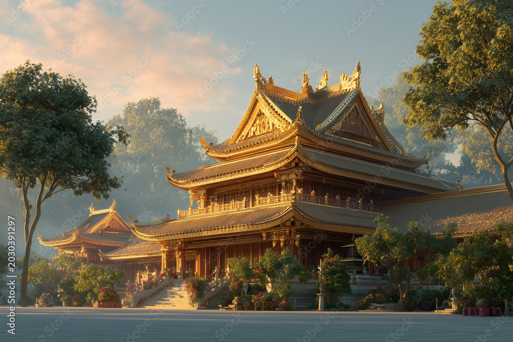 Obraz premium A serene Buddhist temple with a golden pagoda tradition.