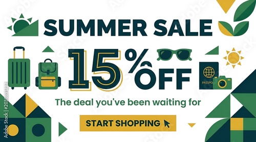 Colorful summer sale advertisement with travel essentials.