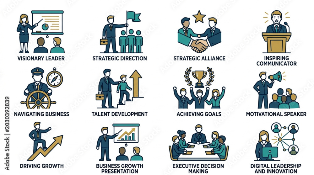 Fototapeta premium Business team collaboration and leadership icons set.