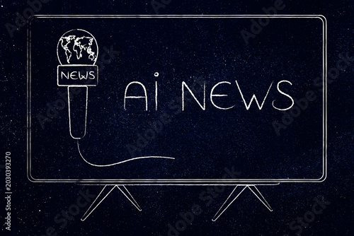 artificial intelligence in news media, tv with microphone and AI news text on screen