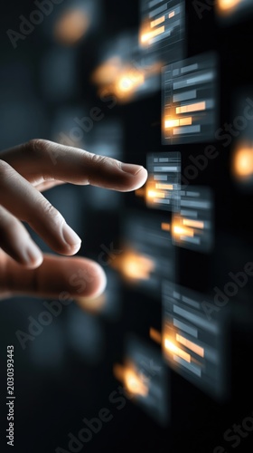 Hand swiping through floating glowing digital task cards, agile project management concept, dark futuristic interface
