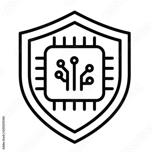 A shield icon glyph protects a microchip illustration with wires and circuits inside