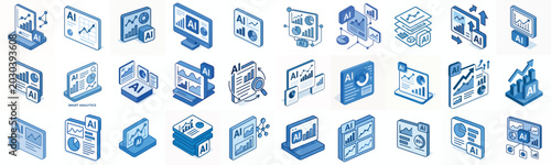 isometric vector icon AI analytics dashboard blue color