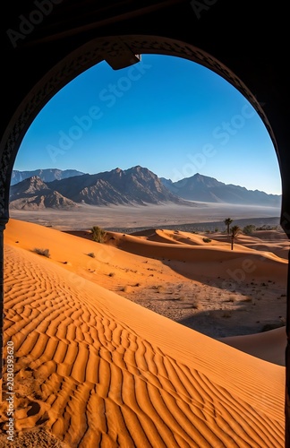 Desert landscape viewed through an arched doorway showcasing sand dunes