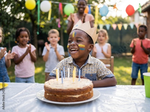 Happy African boy in a paper crown laughing behind his birthday cake as friends clap at an outdoor party.