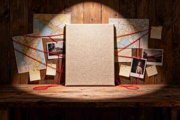 Book on wooden table with maps and photos