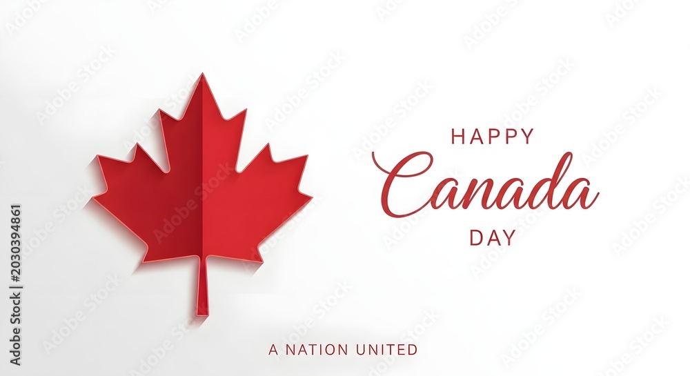 Fototapeta premium Happy canada day greeting card with a red paper cut style maple leaf isolated on white background