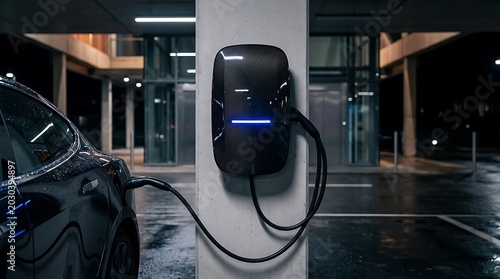 Electric Car Charging at Modern Carbon Fiber Station at Night
