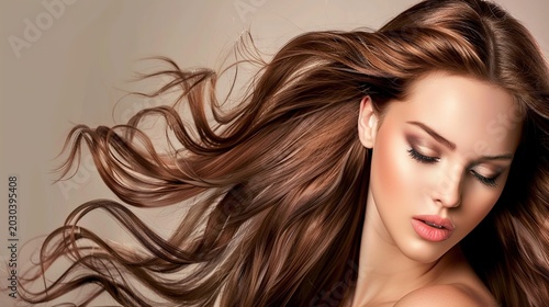 Elegant female portrait featuring silky beautiful hair and delicate facial skin, ideal visual material applied for professional hair care, daily skin maintenance and commercial beauty promotion advert