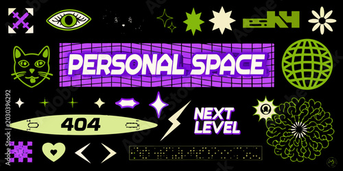 Y2k style graphic elements with eyes cat and text on black background