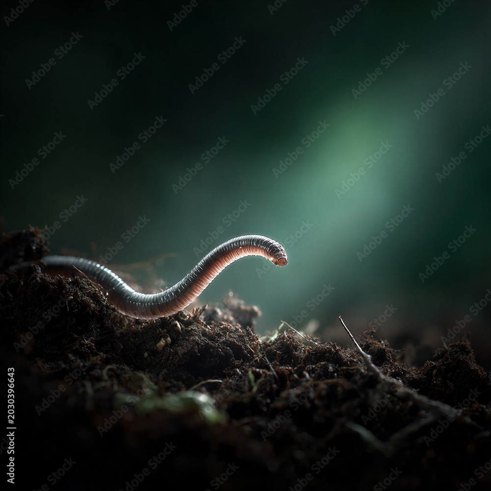 Fototapeta premium Macro earthworm in moist dark soil. Cinematic lighting and shallow depth reveal glossy textures. Clean right copy space for sustainable agriculture, eco campaigns, and nature education.