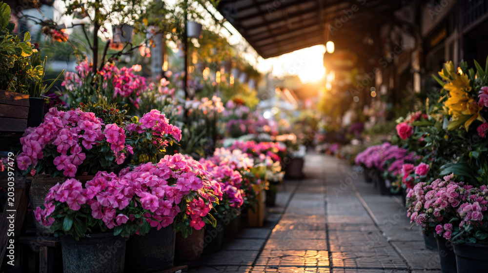 Obraz premium Asian walking street flower market in Thailand. charming local market atmosphere, travel destination and lifestyle concept. 