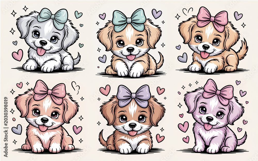 Fototapeta premium Set of six cute cartoon puppies with colorful bows and hearts