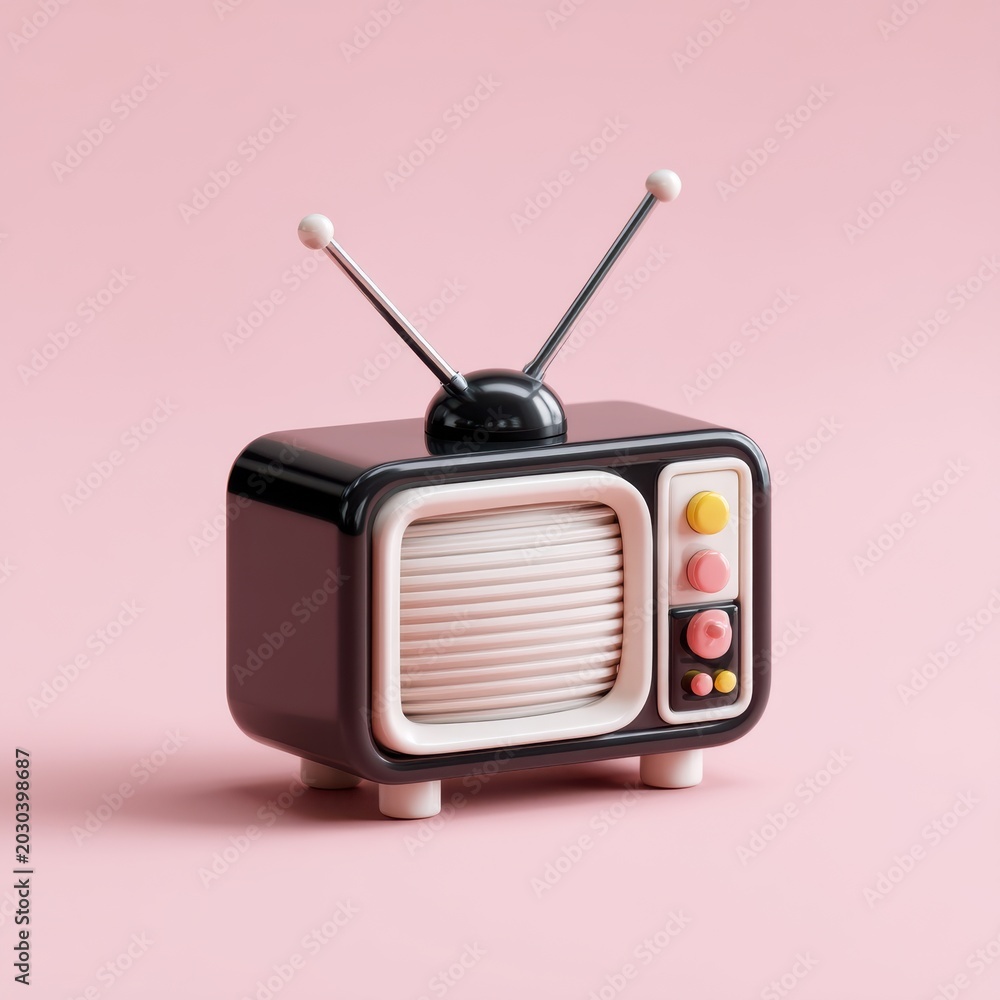 Obraz premium Retro Television Nostalgia: A charming vintage television set with playful, retro design elements stands against a soft pink background, evoking a sense of playful nostalgia for classic entertainment.