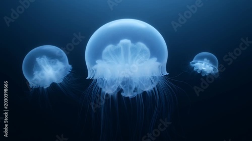 Three jellyfish swimming in ocean water.