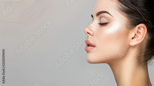 Side profile of graceful woman owning fair translucent glowing skin, premium visual material widely used for beauty publicity and professional skincare product promotion design.