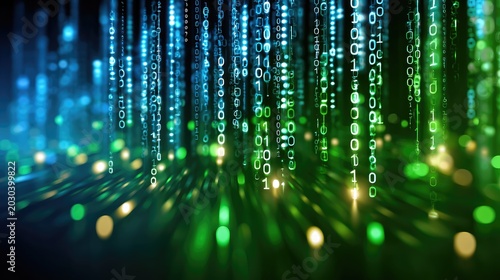 Abstract representation of digital data flow with binary code in vibrant green and blue colors against a dark background, symbolizing technology and innovation
