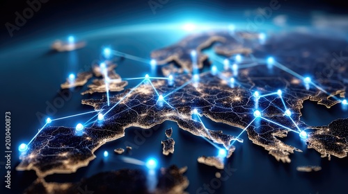 High-Resolution Digital Visualization of Connected European Cities with Network Lines and Points of Light Representing Data Connectivity and Global Communication