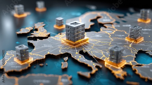 Detailed Visualization of Data Centers across Europe with Servers Representing Connectivity and Technology Infrastructure on a Digital Map