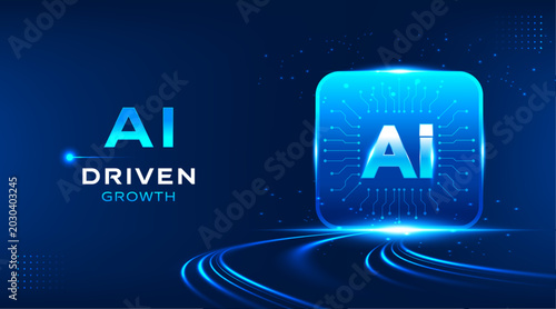 Canvas Print AI driven growth technology vector banner with futuristic microchip interface and glowing digital road on dark blue background