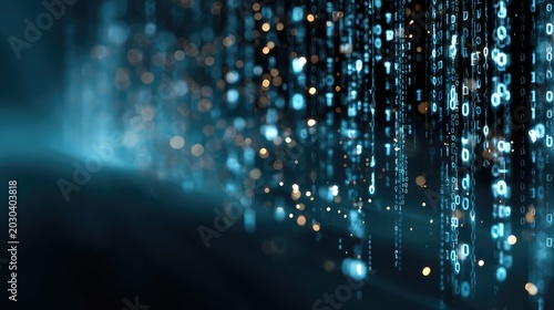 Abstract digital binary code background with flowing numbers and shimmering lights creating a futuristic and technological atmosphere for various applications and projects.