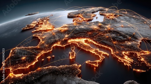 A Stunning View of Europe at Night with Bright City Lights and Global Connectivity Represented by Network Lines and Digital Connections Across the Continent
