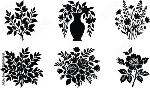 Obraz na płótnie Black Floral Silhouette Collection with Flower Bouquets Leaf Branches and Decora