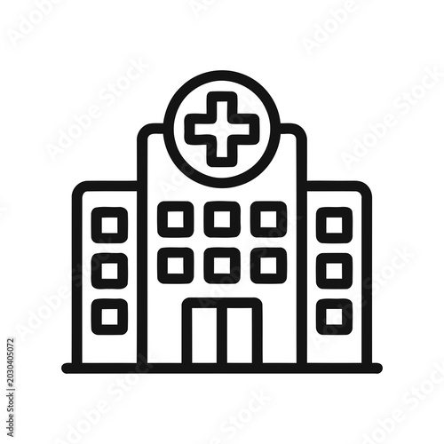 Simple Outline Building Icon with a Medical Cross Symbol on Top