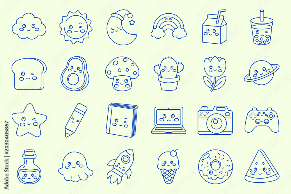 Fototapeta premium Kawaii Cartoon Line Icons Collection with Cute Food, Animals and Everyday Objects Editable Stroke