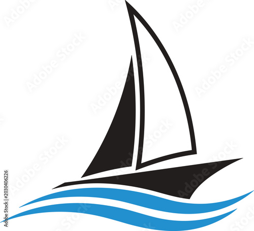 Modern minimalist sailboat logo with black sails and blue water waves for maritime nautical ocean travel sailing adventure,