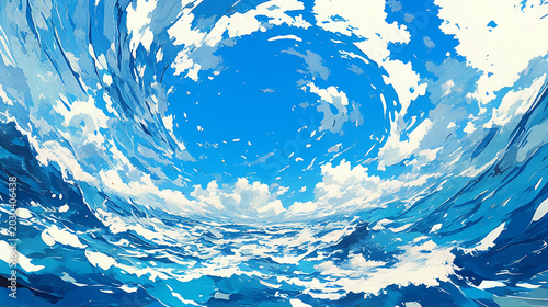 美しい海と空のアニメ水彩画風イラスト　AI生成画像