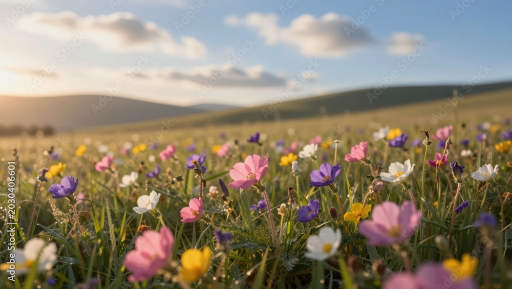 Fototapeta premium Wildflower meadow blooming on rolling hills at sunset golden light in springtime
