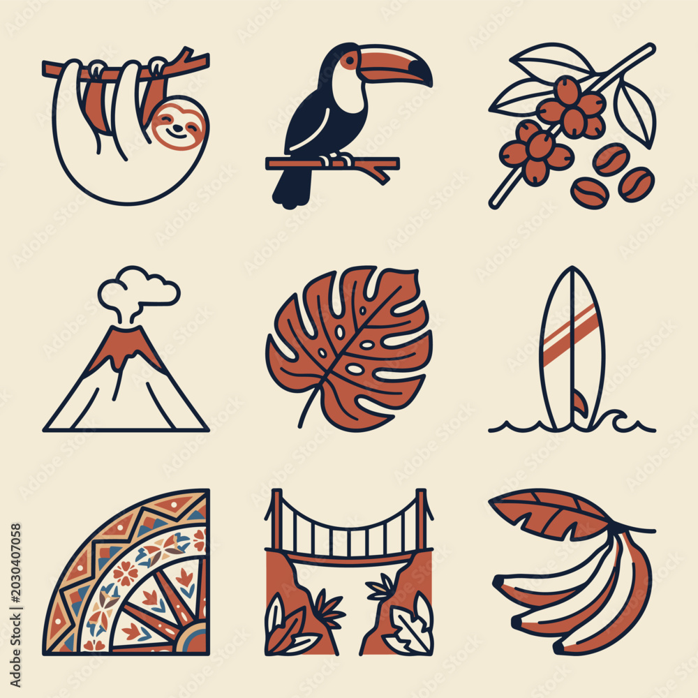Obraz premium Tropical travel icons set featuring nature and cultural elements vector illustration