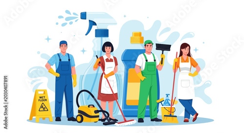 Tableau sur toile Cleaning services, janitorial staff, maintenance crew, colorful illustration, ve