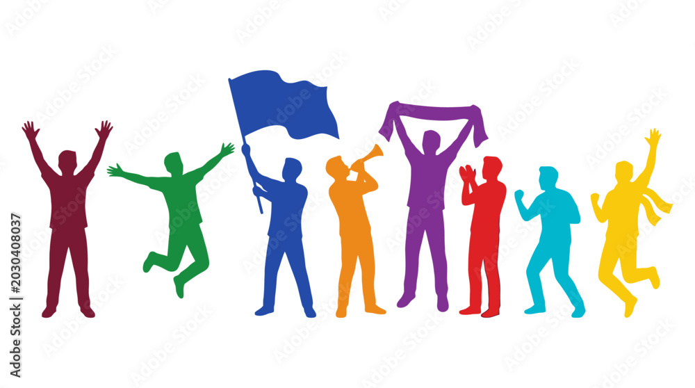 Obraz premium Colorful Football Fan Silhouettes Cheering With Flag Horn And Scarf Flat Vector Illustration