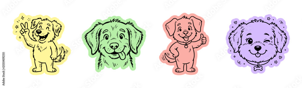 Fototapeta premium Cute Cartoon Dog Sticker Pack, Hand Drawn Line Art Puppies with Funny Expressions on Pastel Backgrounds