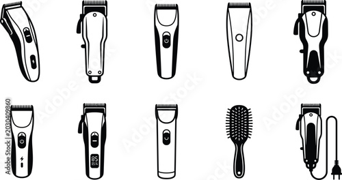 Bild auf Leinwand Collection of electric hair clippers and grooming brush in black outline style o