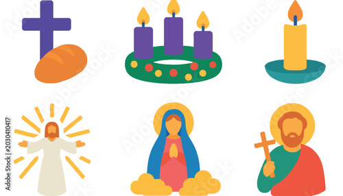 Obraz na płótnie Christian, religious, icon, set, vector, cross, candles, Jesus, Mary, Saint, sym