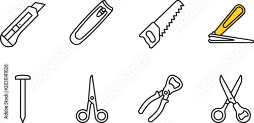Tableau sur toile Collection of common household tools and implements on a white background vector