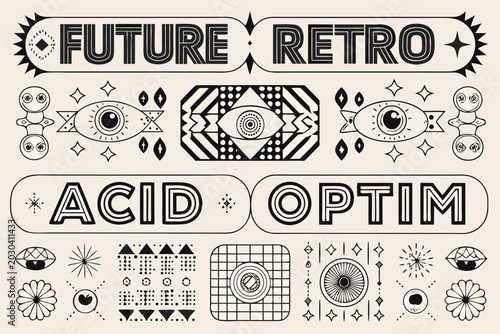 Retro futuristic graphic element set with geometric shapes and text