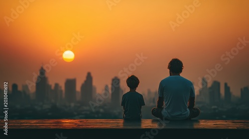 Stylish father and son sitting on rooftop at sunset premium editorial lifestyle concept