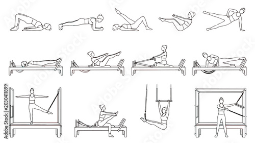 Fényképezés Pilates reformer exercise icons set, minimalist line art workout illustrations,