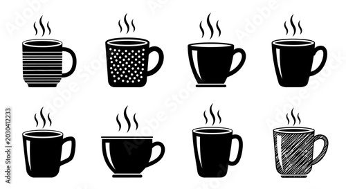 Eight black coffee mug icons with various surface textures like stripes dots and scribbles rising steam vector collection