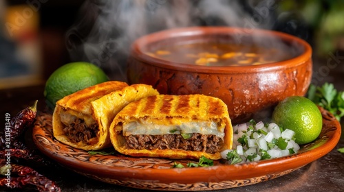 Authentic birria tacos consomme served on traditional Mexican clay plate with tender shredded beef, melted cheese and rich aromatic dipping broth